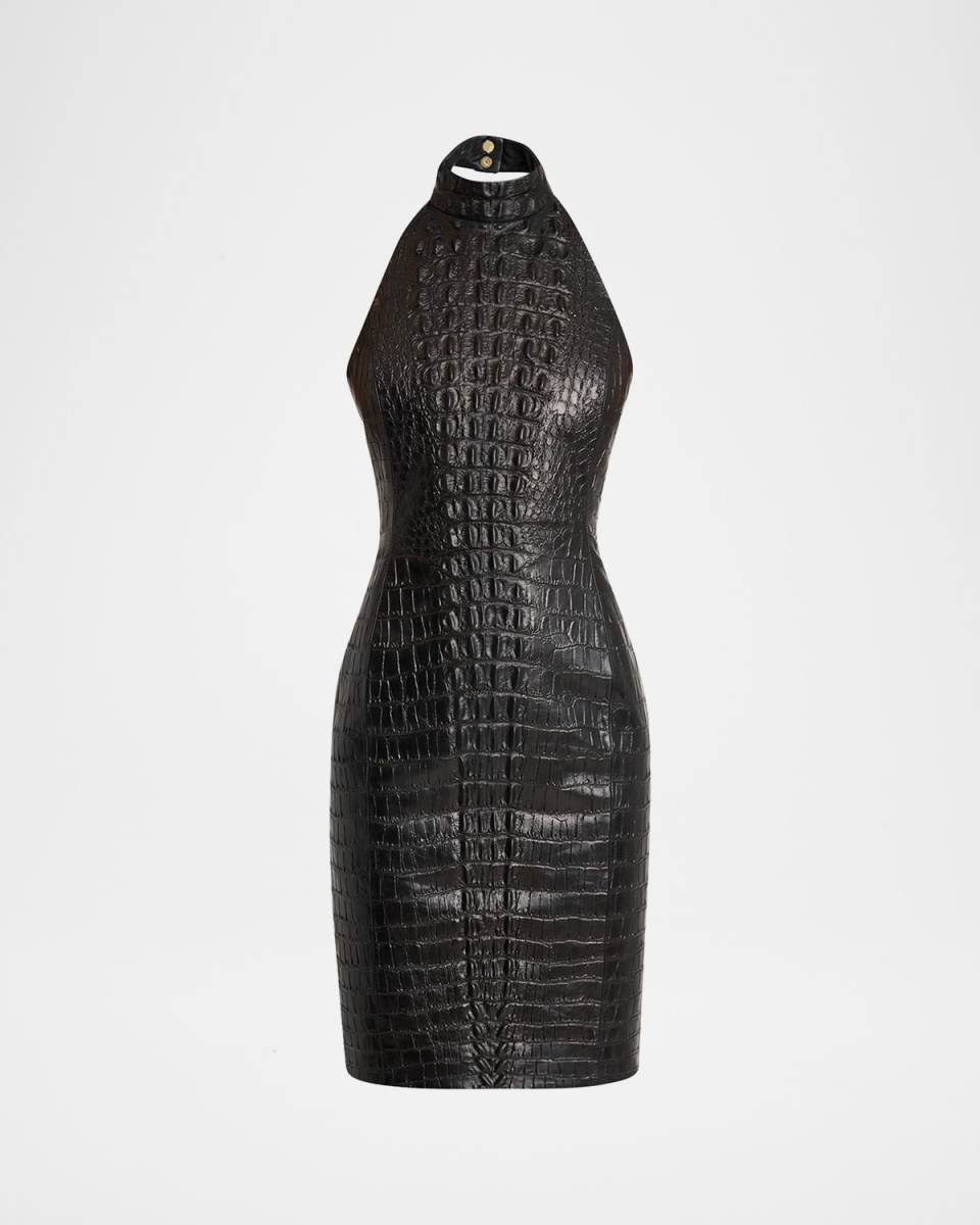 Croc-Embossed Leather Halter Dress